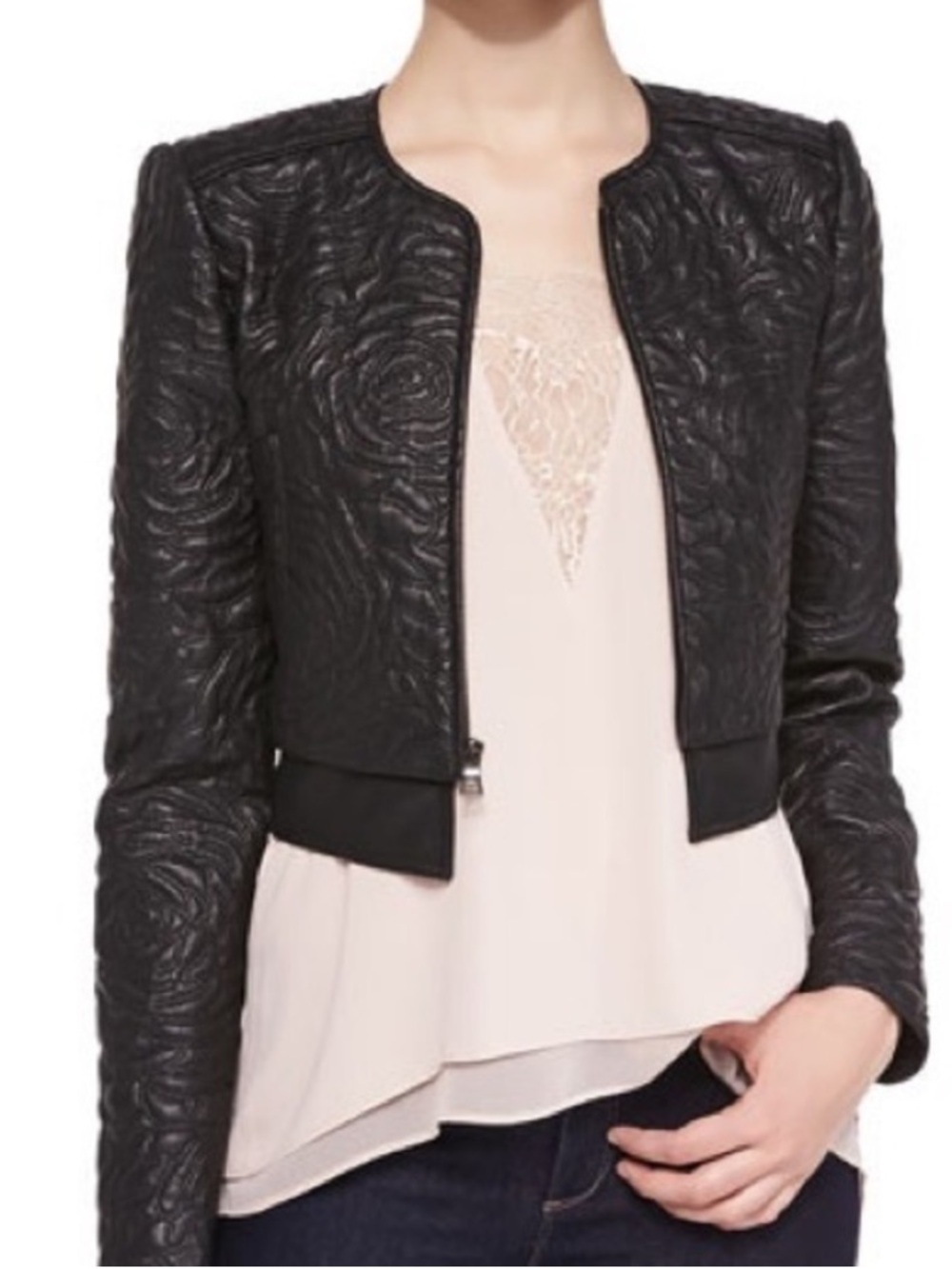 BCBG MaxAzria DUKE Cropped Faux Leather Jacket Embossed Rose Pattern MEDIUM - Picture 3 of 16